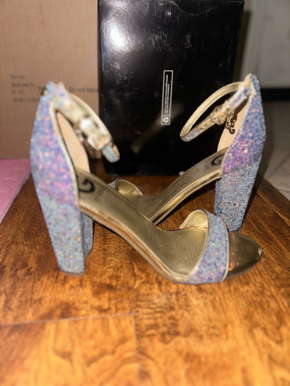 Guess Multicolor Glitter Block Heel Sandals with Gold Footbed